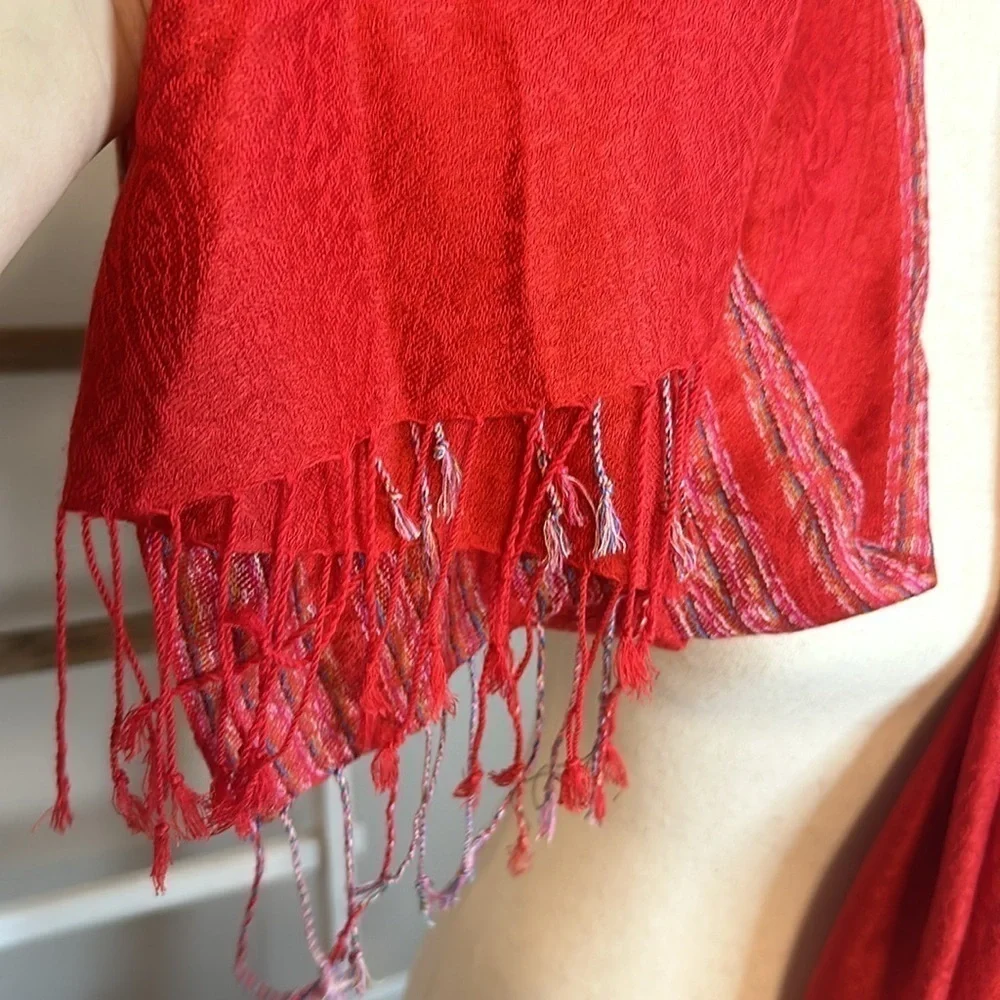 Soft Red Scarf with Striping and Fringe- Viscose and Acrylic Blend